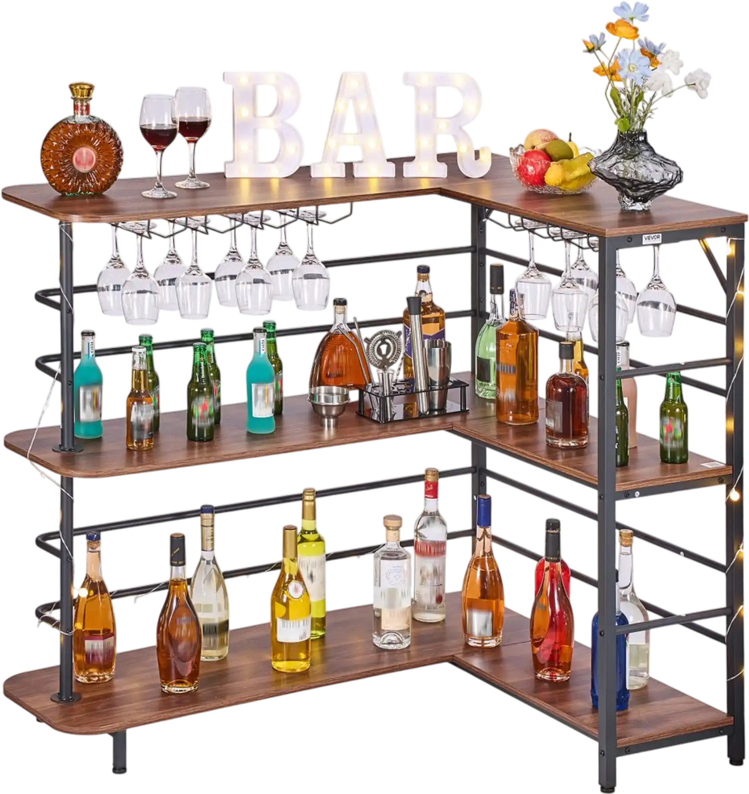 Vevor Home Bar Unit L-Shaped Wine Bar Cabinet with LED Light Walnut Finish New