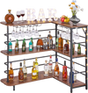 VEVOR Home Bar Unit, L-Shaped Wine Bar Cabinet Table 3-Tier with Storage Shelves, Adjustable Foot Pads, LED Light, Walnut Finish & Metal Frame Liquor Cabinet for Home, Kitchen,Living Room,Pub,Basement