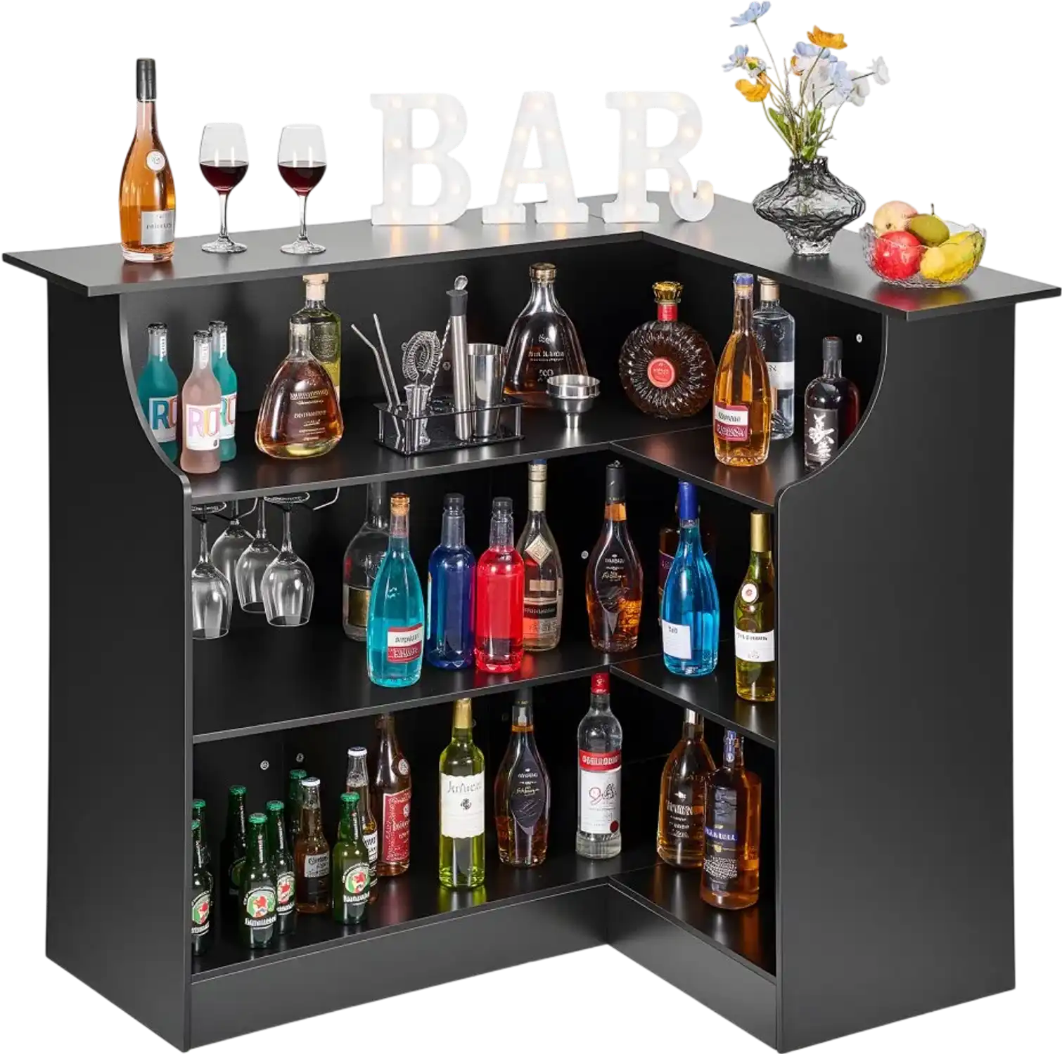 Vevor Home Bar L-Shaped Wine Bar Cabinet Table with 4-Tier Storage Shelves and Glass Holder Black New