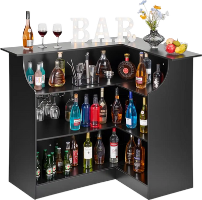 Vevor Home Bar L-Shaped Wine Bar Cabinet Table with 4-Tier Storage Shelves and Glass Holder Black New