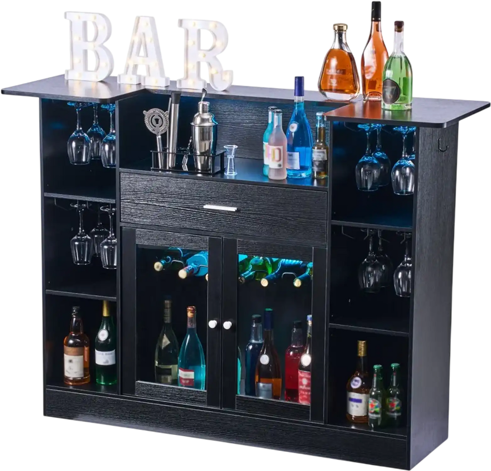 VEVOR Home Bar Unit, Wine Bar Cabinet Table 4-Tier with Storage Drawer Shelves, Wine Glass Holder, Bottle Rack, LED Light, Wood & Metal Liquor Cabinet for Home, Basement, Kitchen, Living Room, Black