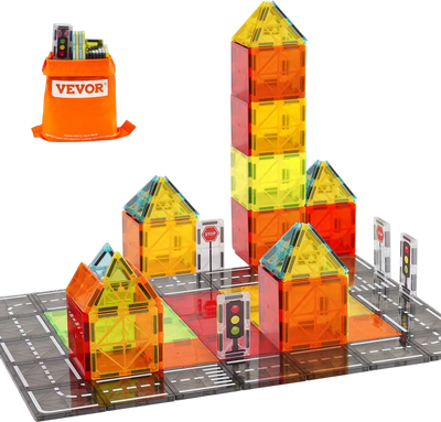 VEVOR Magnetic Tiles, 56 PCS Magnetic Road Building Blocks for Kids, Magnet Building Set with Storage Bag, STEM Sensory Educational City Construction Stacking Toys Gift for Toddlers Boys Girls Aged 3+