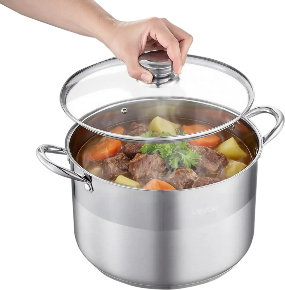 VEVOR Stainless Steel Stock Pot, 12-Quart Stainless Steel Stockpot with Glass Lid, PFOA-Free, PFAS-Free, Compatible with Gas Stoves, Induction Cooktops, Electric Stoves, for Soups, Stews, and Pasta