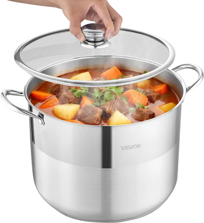 VEVOR Stainless Steel Stock Pot, 16-Quart Stainless Steel Stockpot with Glass Lid, PFOA-Free, PFAS-Free, Compatible with Gas Stoves, Induction Cooktops, Electric Stoves, for Soups, Stews, and Pasta