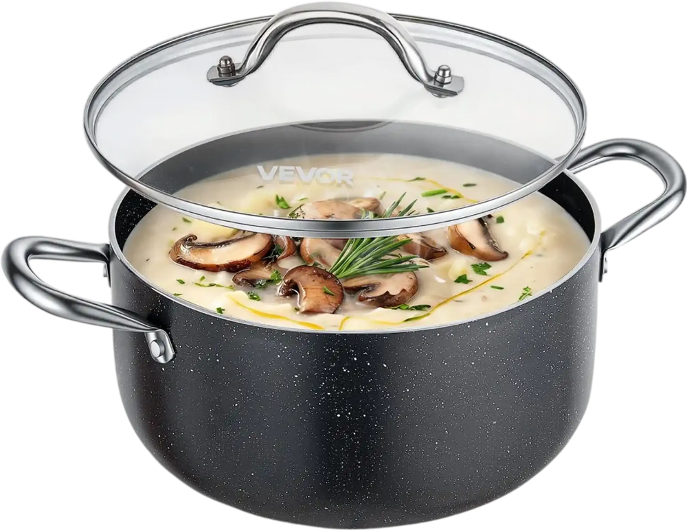 VEVOR Aluminum Stock Pot, 6-Quart Nonstick Ceramic Coated Pot with Glass Lid, PFOA-Free, PFAS-Free, Compatible with Gas Stoves, Induction Cooktops, Electric Stoves, for Soups, Stews, and Pasta