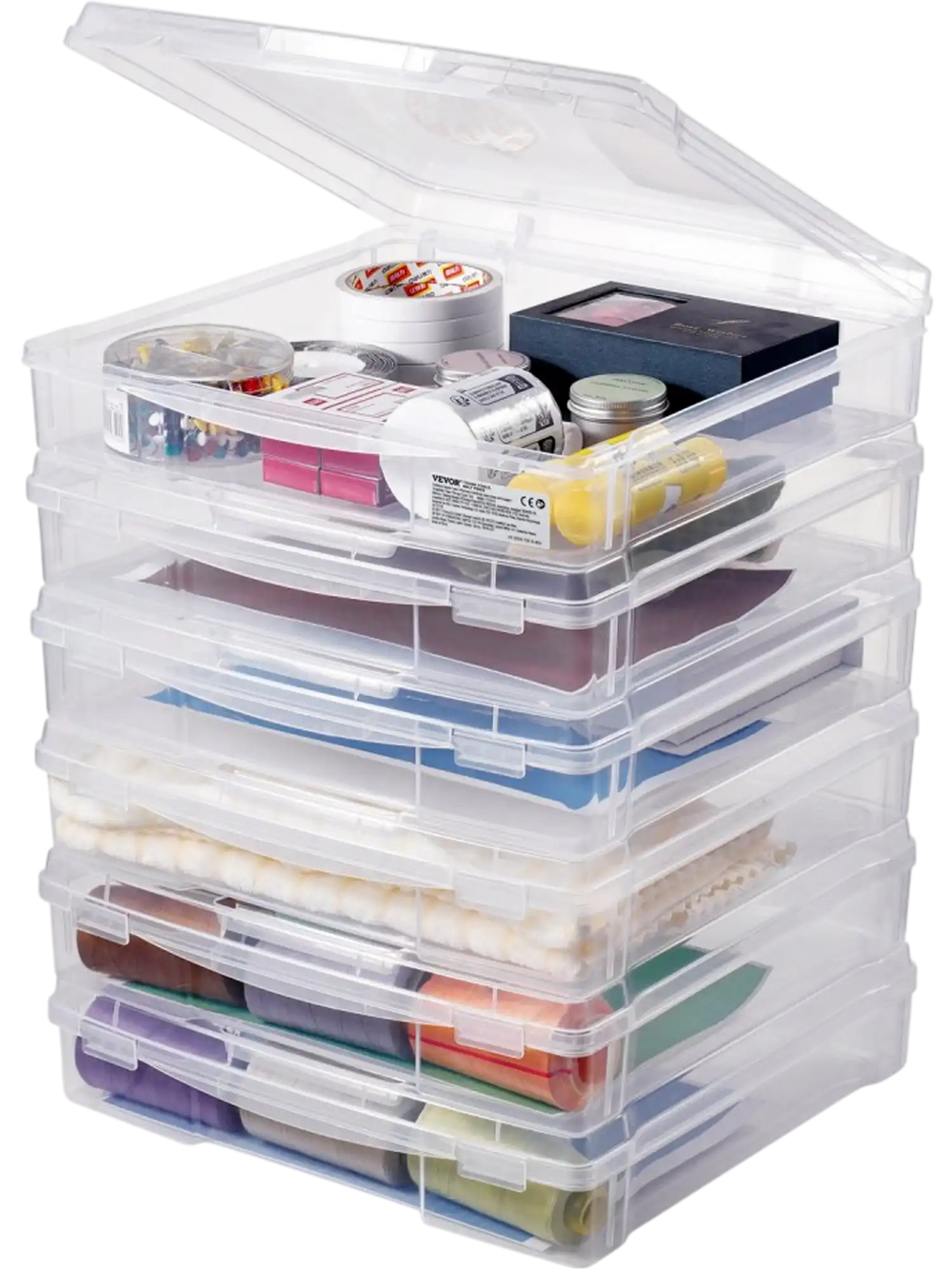 VEVOR Scrapbook Paper Storage, 6 Pack Stackable Plastic Board Game Boxes, Clear Multi-Purpose Document Case with Rounded Corners and Double Latches, for Office Essentials Tools Arts Crafts Supplies