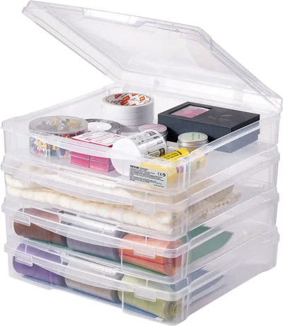 VEVOR Scrapbook Paper Storage, 4 Pack Stackable Plastic Board Game Boxes, Clear Multi-Purpose Document Case with Rounded Corners and Double Latches, for Office Essentials Tools Arts Crafts Supplies