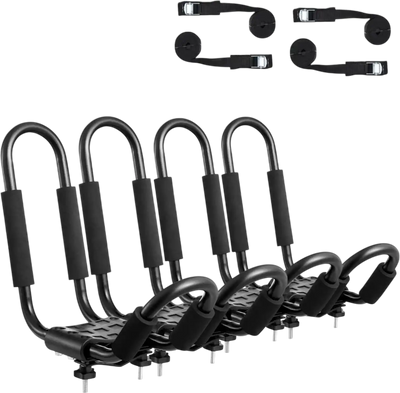 VEVOR Kayak Roof Rack 2 Pairs J-Bar, Soft Roof Rack, Top Mount Tie Down, Carrier for kayak, Surf Board, Canoe, SUP, Ski Board, Mount on Car, SUV, Truck, 2 Kayaks