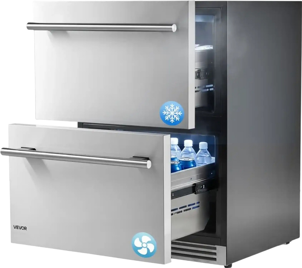 VEVOR Drawer Refrigerator with Freezer, 24 in Undercounter Fridge Freezer Combo, Beverage Cooler with 304 Stainless Steel Drawers, Freezing Section for Frozen Food, for Kitchen, Home Bar and Game Room