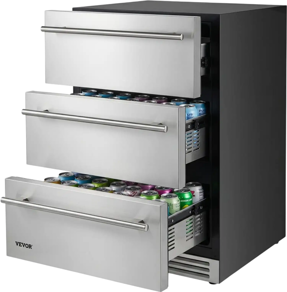 VEVOR 3-Drawer Refrigerator, 24 in Undercounter Beverage Cooler, Large Capacity Drink Fridge, 3 Separate Storage Zones, 304 Stainless Steel Drawers, Fast Cooling, for Kitchen, Game Room & Home Bar