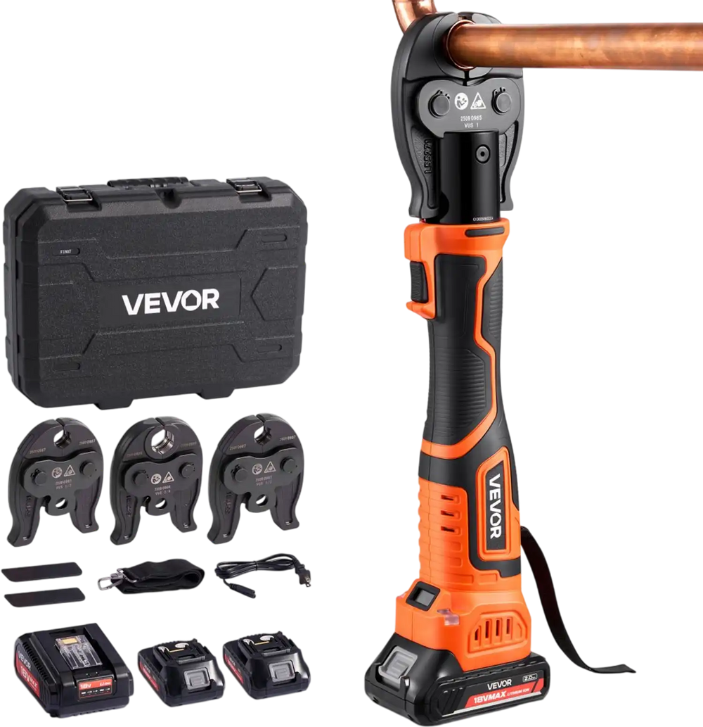 VEVOR Press Tool Kit, 18V Electric Pipe Crimping Tool for 1/2", 3/4", 1" Copper Tubes, 24KN Press Tool Compatible with ProPress - with 3 VUS Jaws, 2pcs 2AH Batteries, Fast Charger & Carrying Case