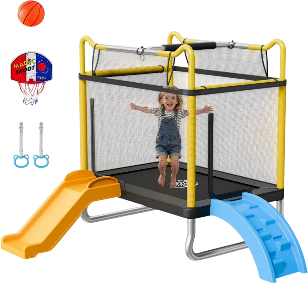 VEVOR Trampoline for Kids, Toddler Mini Trampoline, 132 lbs Capacity Indoor Outdoor Play Toys with Enclosure Net, Slide, and Ring, Easy to Assemble, Christmas Toys Birthday Gifts for Girls Boys