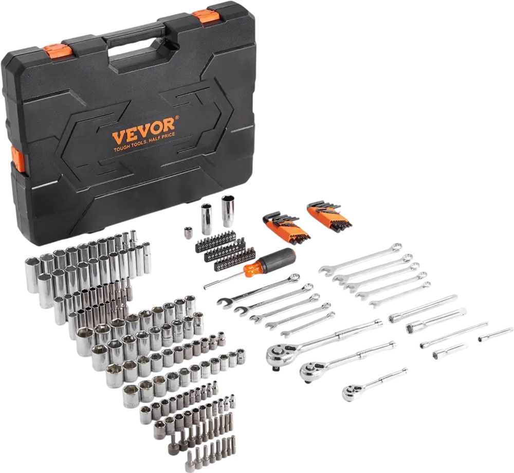 VEVOR Mechanics Tool Set and Socket Set, 1/4" 3/8" 1/2" Drive Deep and Standard Sockets, 205 Pcs SAE and Metric Mechanic Tool Kit with Bits, Combination Wrench, Hex Wrenches, Accessories, Storage Case