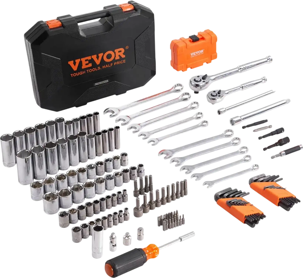 VEVOR Mechanics Tool Set and Socket Set, 1/4" and 3/8" Drive Deep and Standard Sockets, 145 Pcs SAE and Metric Mechanic Tool Kit with Bits, Combination Wrench, Hex Wrenches, Accessories, Storage Case