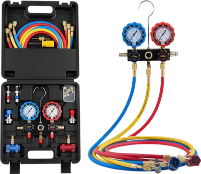 VEVOR AC Manifold Gauge Set for R134a R404A R1234yf R22 Refrigerant, 3 Way AC Gauge with 5 ft Hoses, Adapters, Quick Couplers, Can Taps for Automotive Air Conditioning Maintenance, Charging Evacuation