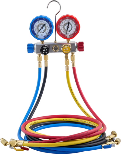 VEVOR AC Manifold Gauge Set for R22 R404A R410A R12 Refrigerants, 4 Way AC Gauges with 5 ft Hoses for Automotive & Household Air Conditioning Maintenance, Evacuation Vacuuming Charging and Recovery