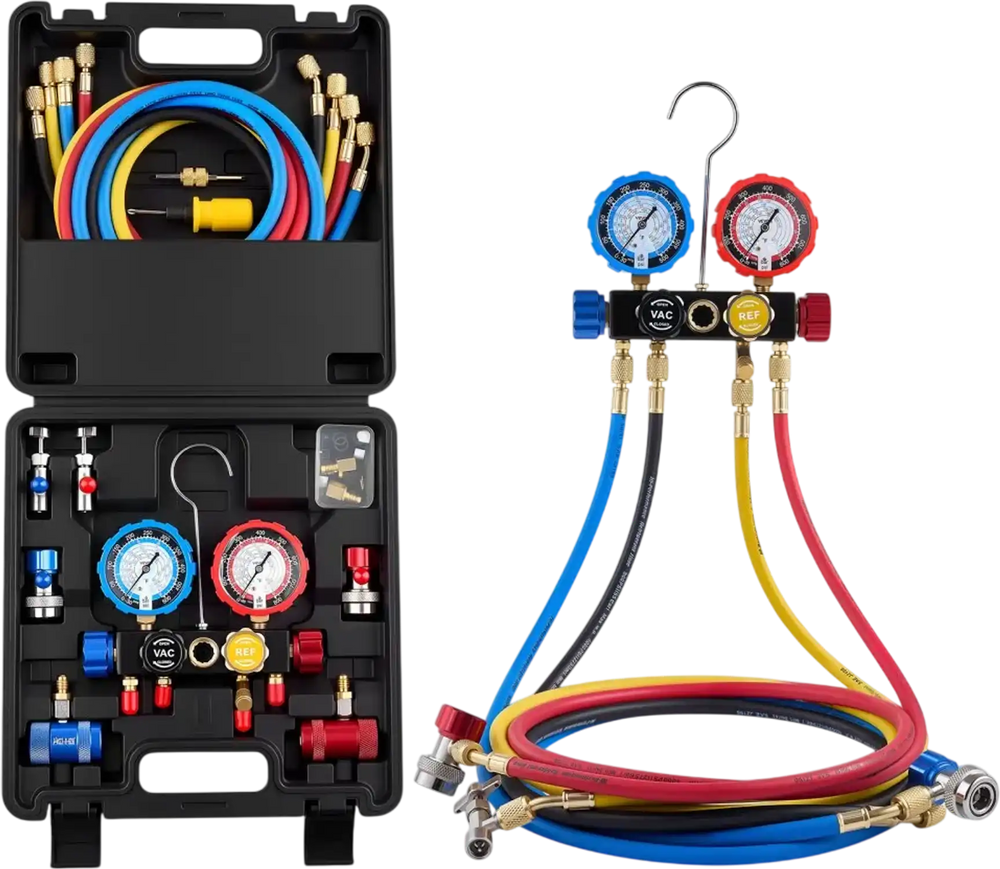 VEVOR AC Manifold Gauge Set for R134a R404A R1234yf R22 Refrigerant, 4 Way AC Gauge with 5 ft Hoses, Adapters, Quick Couplers, Can Taps for Automotive Air Conditioning Maintenance, Charging Evacuation