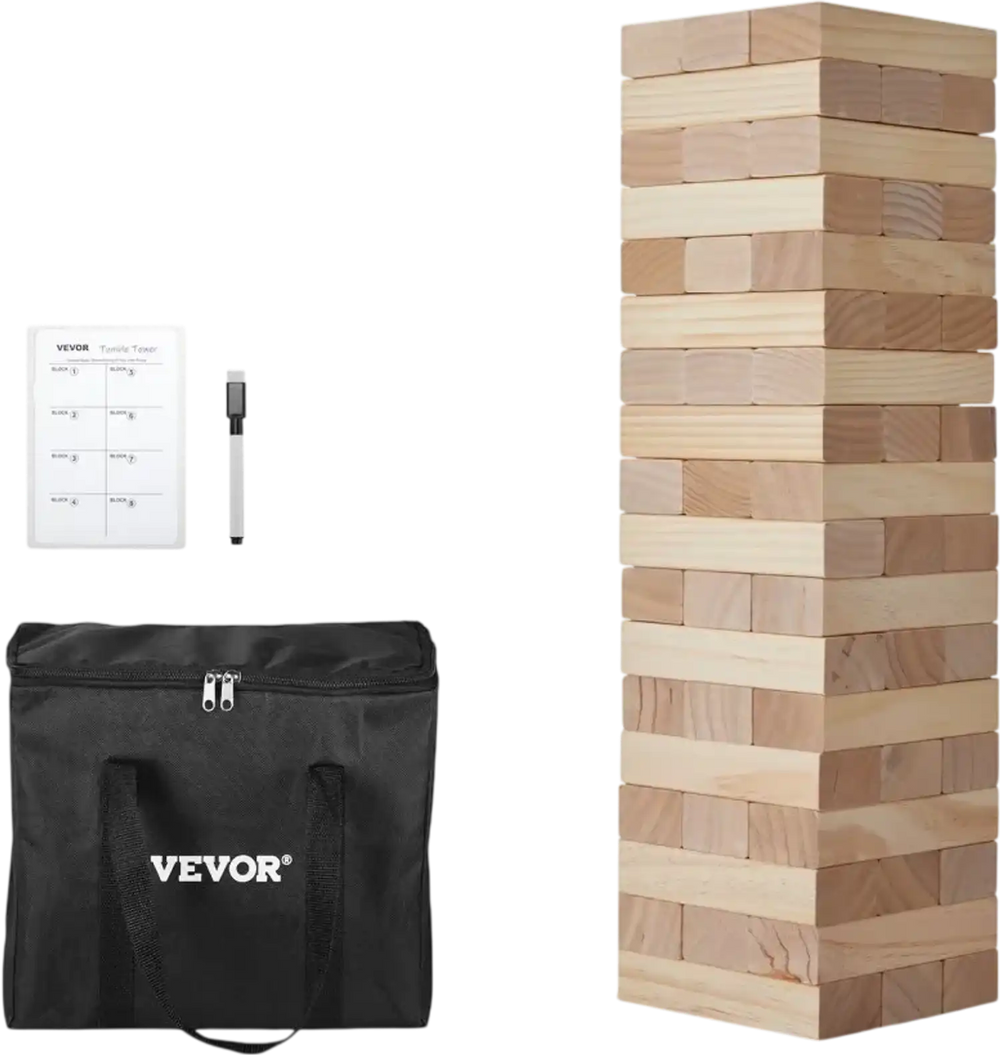 VEVOR Tumbling Timber Toy, 54 Blocks Medium Tumble Tower Blocks Game, Pine Wood Tumbling Tower Game with Carry Bag and Scoreboard, Wooden Stacking Game, Tumble Tower Family Games for Indoor/Outdoor