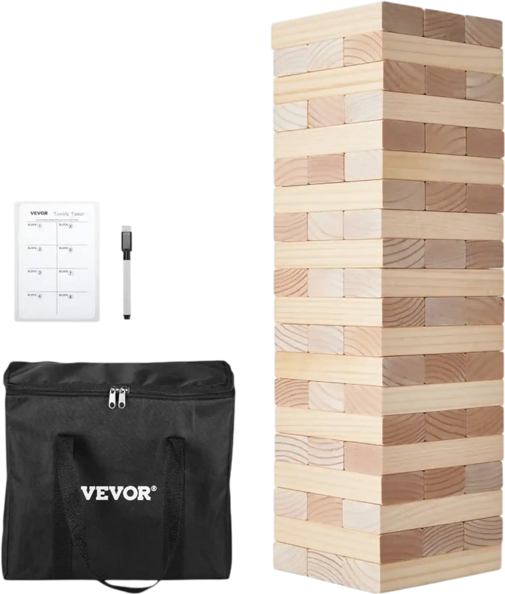 VEVOR Tumbling Timber Toy, 60 Blocks Giant Tumble Tower Blocks Game, Pine Wood Tumbling Tower Game with Carry Bag and Scoreboard, Wooden Stacking Game, Tumble Tower Family Games for Indoor/Outdoor