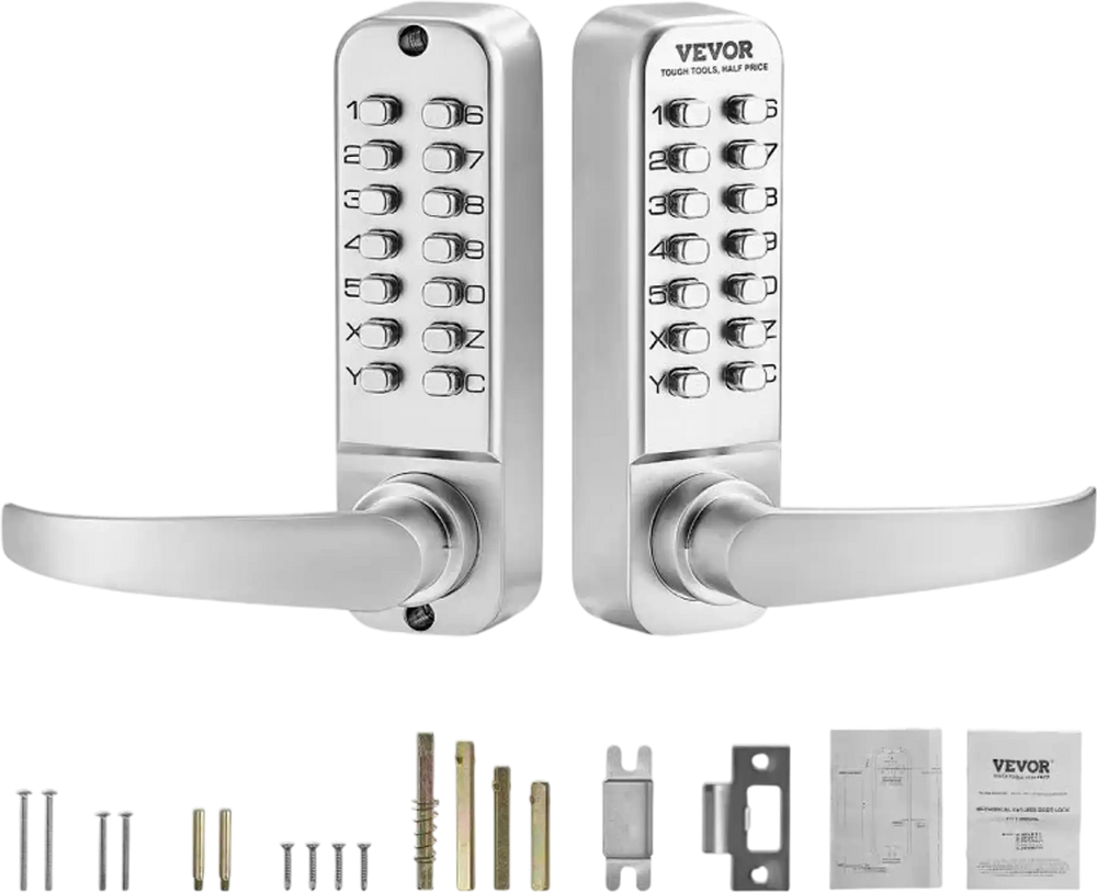 VEVOR Mechanical Keyless Entry Door Lock, 14 Key Mechanical Door Lock, Mechanical Keypad Door Lock with Handle, Double-Sided Stainless Steel Waterproof Keyless Gate Lock, for Home Office Yard, Sliver