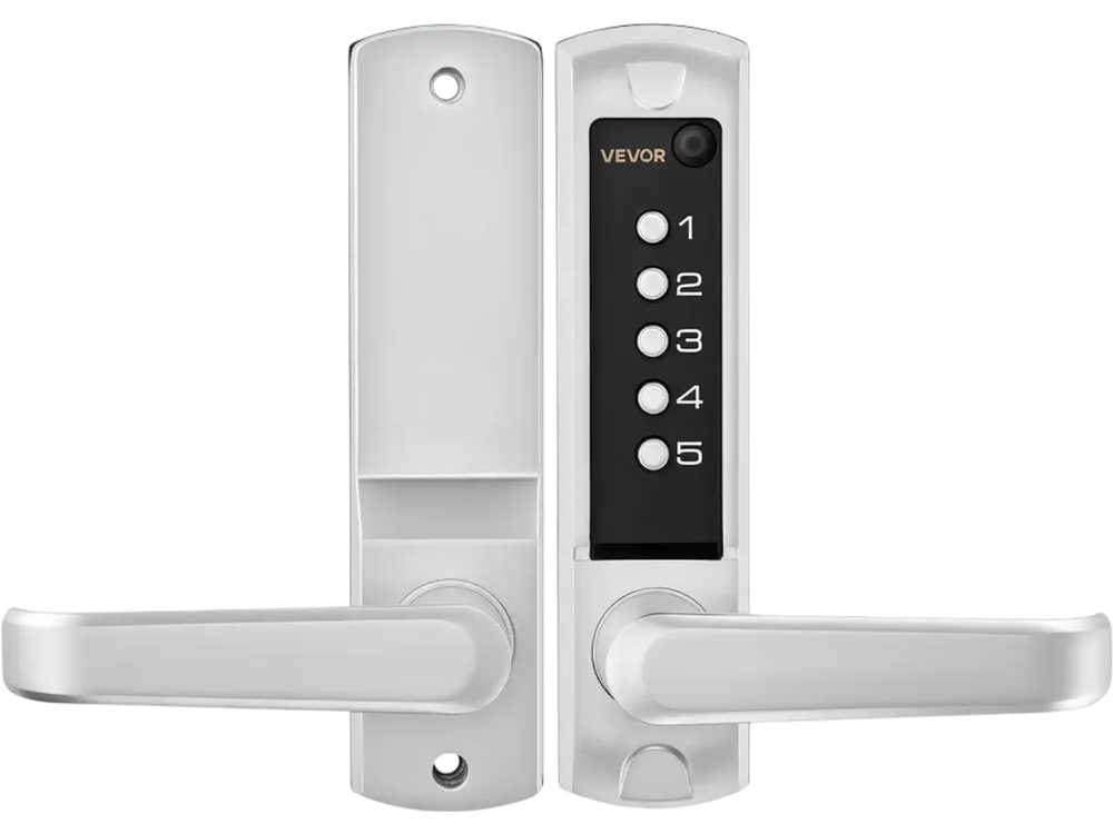 VEVOR Mechanical Keyless Entry Door Lock, 2.0 Code Upgrade, 5 Digits Code, Single-Sided Push Button Combination Keypad Door Lock with Handle, Auto Locking, for Garden Gates, Indoor or Outdoor, Silver