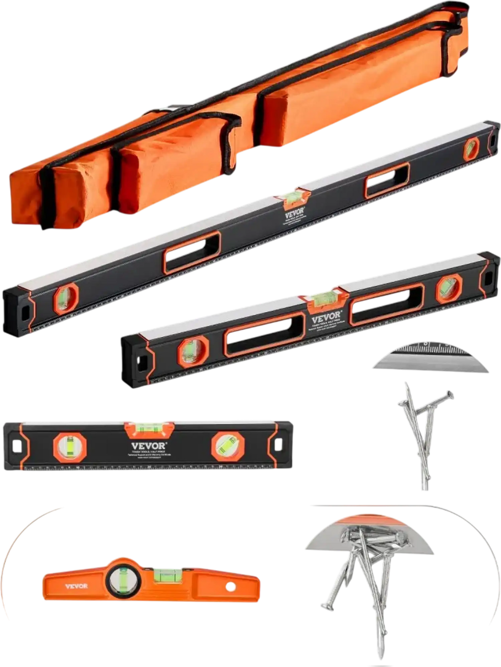VEVOR 4-Piece Torpedo Level, 48/24/16/10 Inch Box Levels Set, Fluorescent Light Up Bubble Vials Ruler for 45/90/180 Degree, Aluminum Alloy Magnetic Leveler Tool, Shock-Proof(Only 10-inch has magnetic)