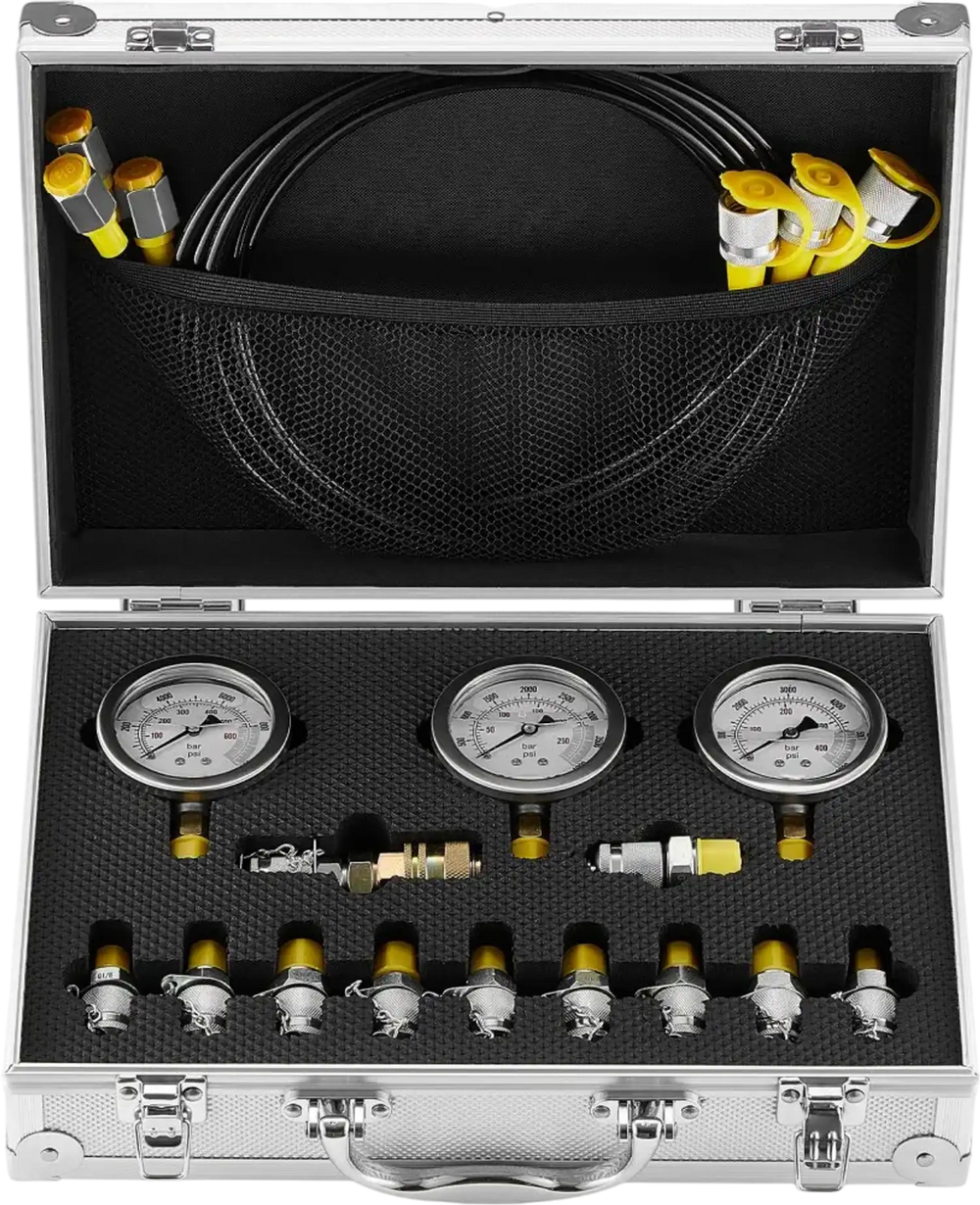 VEVOR Hydraulic Pressure Test Kit, 250/400/600bar, 3 Gauges 11 Test Couplings 3 Test Hoses, Excavator Hydraulic Test Gauge Set with Portable Carrying Case for Excavator Tractors Construction Machinery