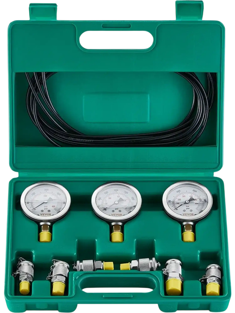 VEVOR Hydraulic Pressure Test Kit, 250/400/600bar, 3 Gauges 6 Test Couplings 3 Test Hoses, Excavator Hydraulic Test Gauge Set with Portable Carrying Case for Excavator Tractors Construction Machinery