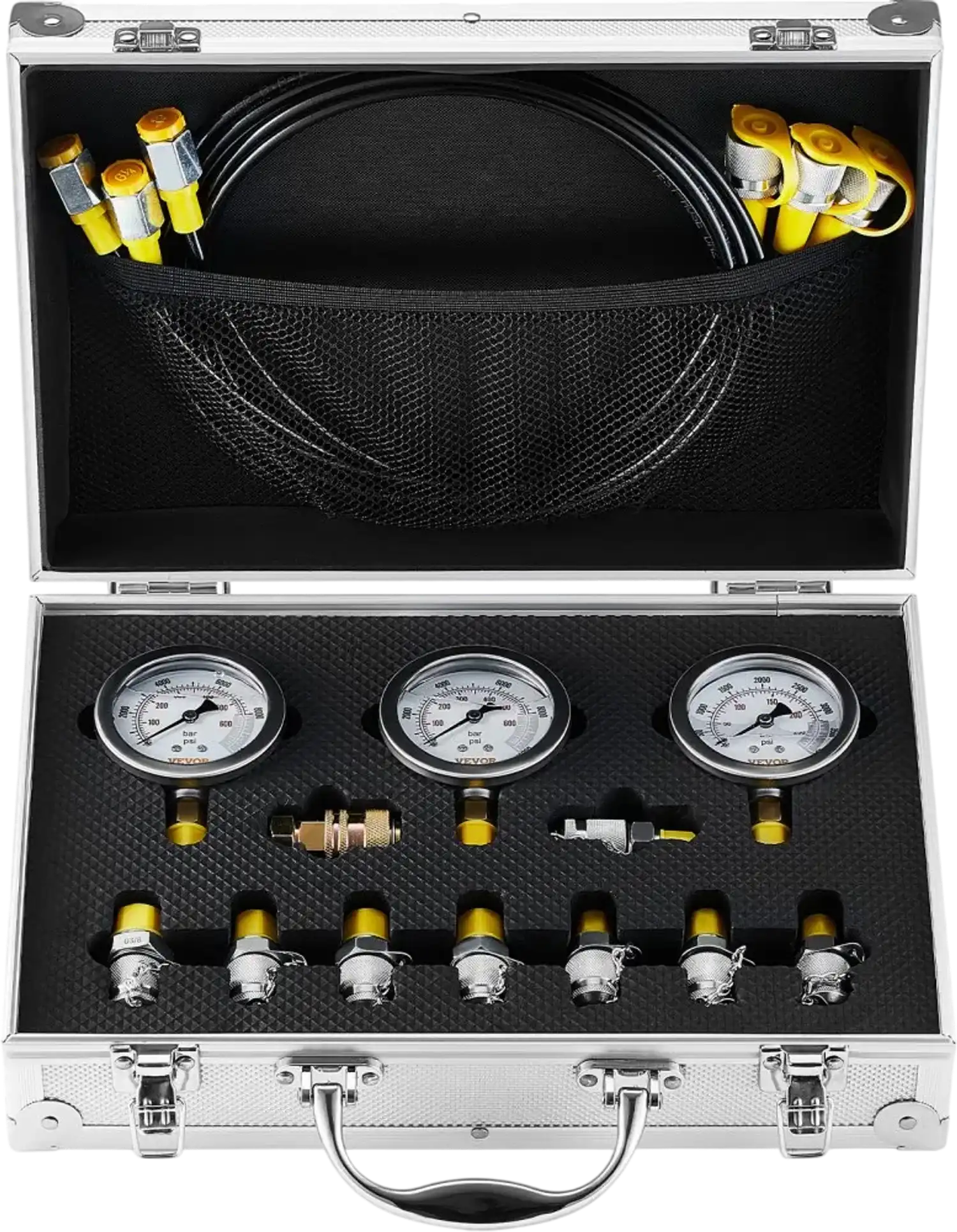 Vevor Hydraulic Pressure Test Kit 250/400/600 Bar 3 Gauges 9 Couplings 3 Hoses New
