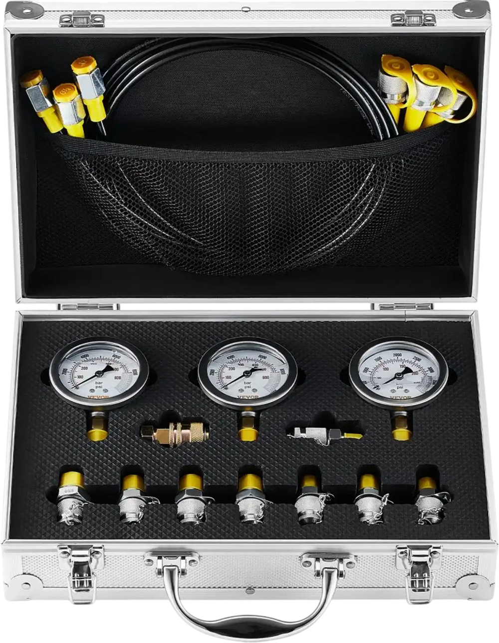 VEVOR Hydraulic Pressure Test Kit, 250/400/600bar, 3 Gauges 9 Test Couplings 3 Test Hoses, Excavator Hydraulic Test Gauge Set with Portable Carrying Case for Excavator Tractors Construction Machinery