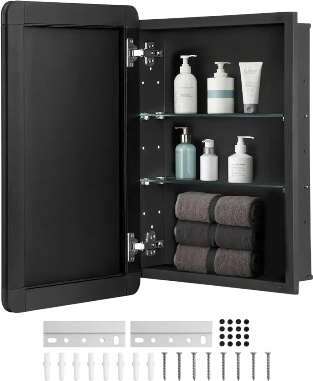 VEVOR Medicine Cabinet, 16 x 24 inch, Medicine Cabinet for Bathroom with Mirror,  Aluminum Frame Bathroom Wall Cabinet, 2-layer Adjustable Shelves, Recessed & Wall-mounted Installation