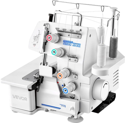 VEVOR Serger Overlock Sewing Machine, 1250 Stitches Per Minute, 3 and 4 Thread Capability, with LED Light and Strong Suction Feet, Heavy-Duty Metal Frame Sewing Machine for Various Fabrics, White