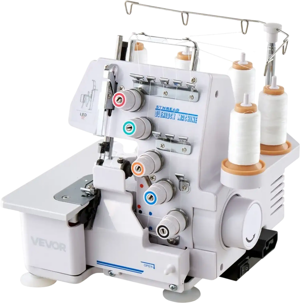 VEVOR Serger Overlock Sewing Machine, 1250 Stitches Per Minute, 2-3-5 Thread Capability, with LED Light and Strong Suction Feet, Heavy-Duty Metal Frame Sewing Machine for Various Fabrics, White