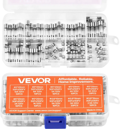 VEVOR Fast-Blow Glass Fuses Assortment Kit, 120 Pcs 125 Volt, 5 x 20 mm 1A 2A 3A 4A 5A 8A 10A, 3.6 x 10 mm 2.5A 3A 5A Tube Fuses, Suitable for Electrical Boxes, LED Strips, Electronics, Appliances