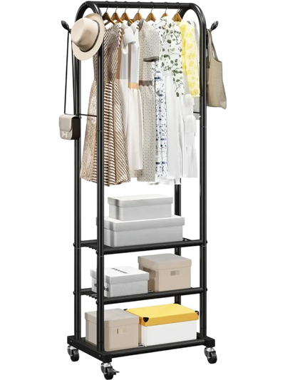 VEVOR Clothes Rack, Rolling Clothing Garment Rack with Hanging Rod and Side Hooks, 3 Storage Shelves, 99 lbs Load Capacity, Heavy Duty Carbon Steel Clothing Racks for Bedroom, Laundry, Living Room