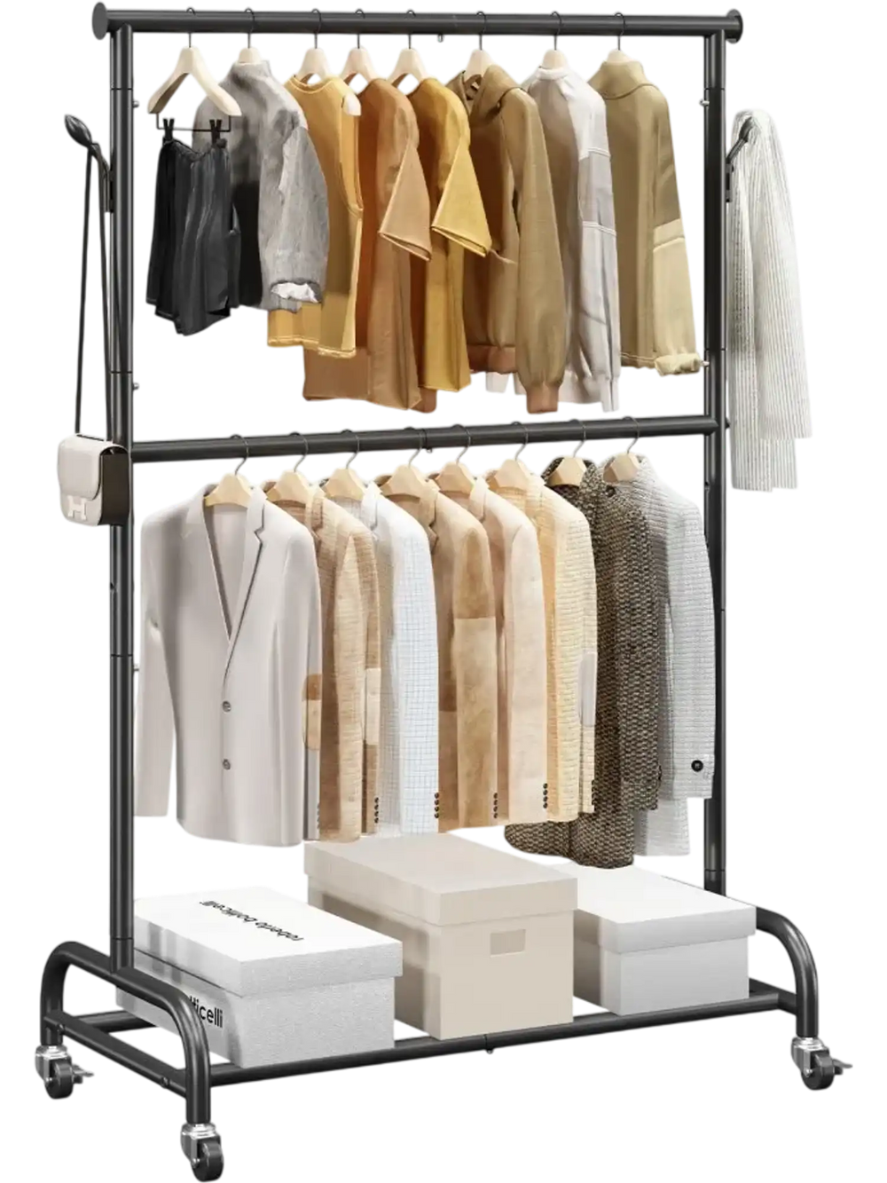 VEVOR Clothes Rack, Rolling Clothing Garment Rack with Adjustable Crossbar and Side Hooks, 150 lbs Load Capacity, Heavy Duty Carbon Steel Clothing Racks with Wheels for Bedroom, Laundry, Living Room