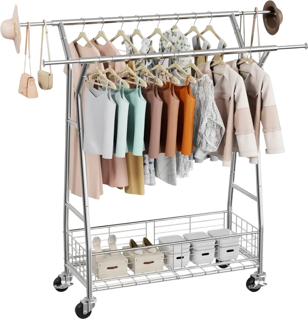 VEVOR Clothes Rack, Rolling Clothing Garment Rack with 2 Hanging Rods and Storage Basket, 330 lbs Load Capacity, Extendable Carbon Steel Clothing Racks with Wheels for Bedroom, Laundry, Living Room