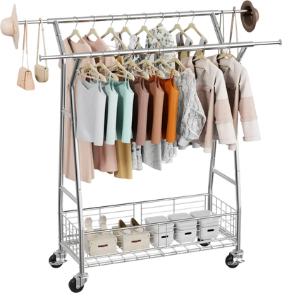VEVOR Clothes Rack, Rolling Clothing Garment Rack with 2 Hanging Rods and Storage Basket, 330 lbs Load Capacity, Extendable Carbon Steel Clothing Racks with Wheels for Bedroom, Laundry, Living Room