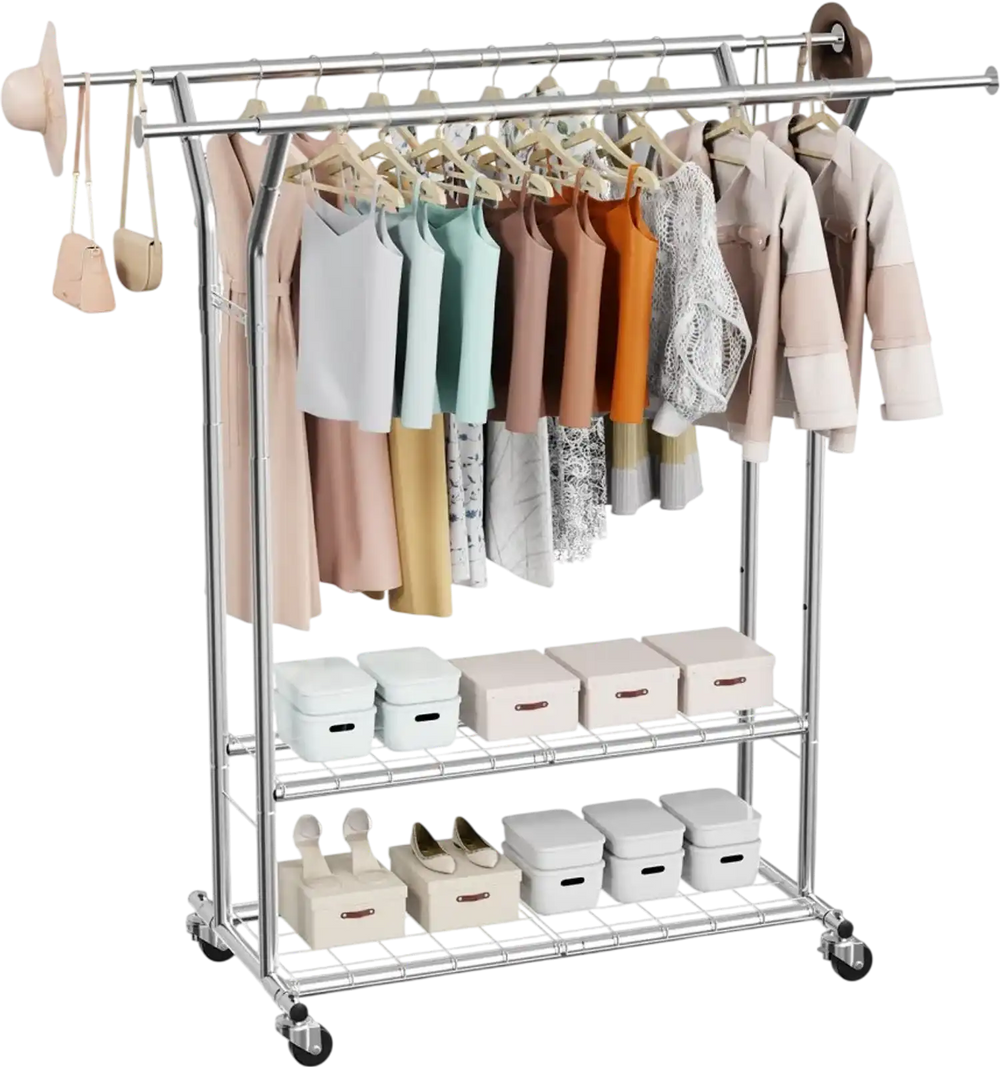 VEVOR Clothes Rack, Rolling Clothing Garment Rack with 2 Hanging Rods and 2 Storage Shelves, 264 lbs Load Capacity, Adjustable Height Carbon Steel Clothing Racks for Bedroom, Laundry, Living Room