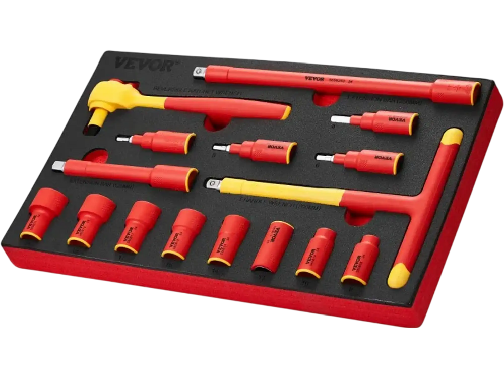 VEVOR Insulated Socket Set, 16-Piece Insulated Wrench Tool Set, 1000V Insulated Socket Tool, with Insulated Sockets, Insulated T-Handle Wrench, Drive Rachet, Extensions, for Electricians Home Repair
