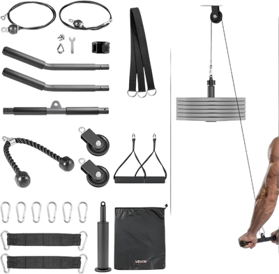 VEVOR Pulley System, 2 PCS LAT and Lift Pulley System, Gym Rack Pulleys Attachment with two Steel Cables, Short Bar, Dual Grip Handles, Cable Machine for Bicep, Shoulder, Back, Up to 330 lbs Capacity