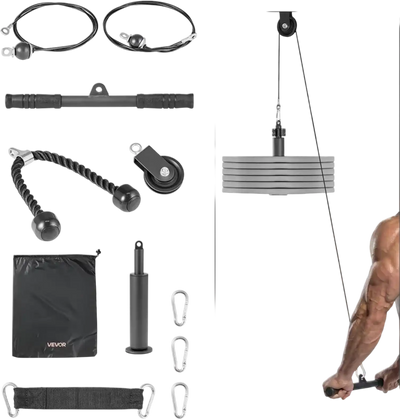 VEVOR Pulley System, 1 PC LAT and Lift Pulley System, Gym Rack Pulleys Attachment with two Steel Cables, Short Bar, Dual Grip Handles, Cable Machine for Bicep, Shoulder, Back, Up to 280 lbs Capacity
