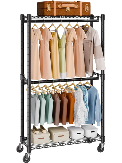 Vevor Garment Rack Heavy Duty Rolling Clothes Rack with Double Hanging Rods and Top Bottom Storage Shelves New