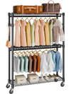 VEVOR Heavy Duty Clothes Rack, Rolling Clothing Garment Rack with 3 Storage Tiers, 2 Rods and 2 Pairs Side Hooks, Adjustable Height Clothing Rack Closet for Hanging Clothes, 400 Lbs Load Capacity