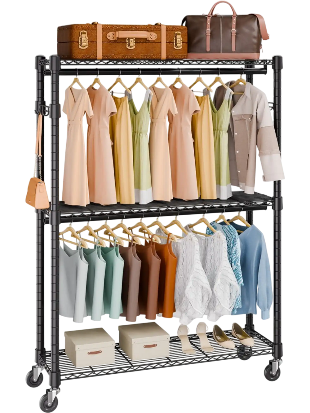 VEVOR Heavy Duty Clothes Rack, Rolling Clothing Garment Rack with 3 Storage Tiers, 2 Rods and 2 Pairs Side Hooks, Adjustable Height Clothing Rack Closet for Hanging Clothes, 400 Lbs Load Capacity