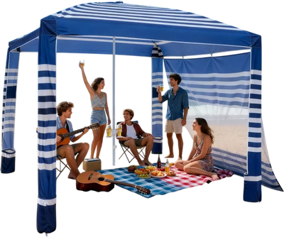 VEVOR Beach Cabana, 8 x 8 ft Beach Canopy with Side Wall, UPF 50+ Protection Easy Setup Cabana Tent with Sand Pockets, Adjustable Height Portable Shade Sun Shelter Umbrella for Family, Navy Stripes