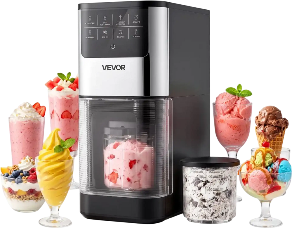 VEVOR Ice Cream Maker, 7-in-1 Frozen Treat Maker for Gelato, Sorbet, Milkshake, Frozen Yogurt & Lite Ice Cream, Homemade Ice-Cream Machine with One-Touch Mix-in + Respin for Smooth, Creamy Texture