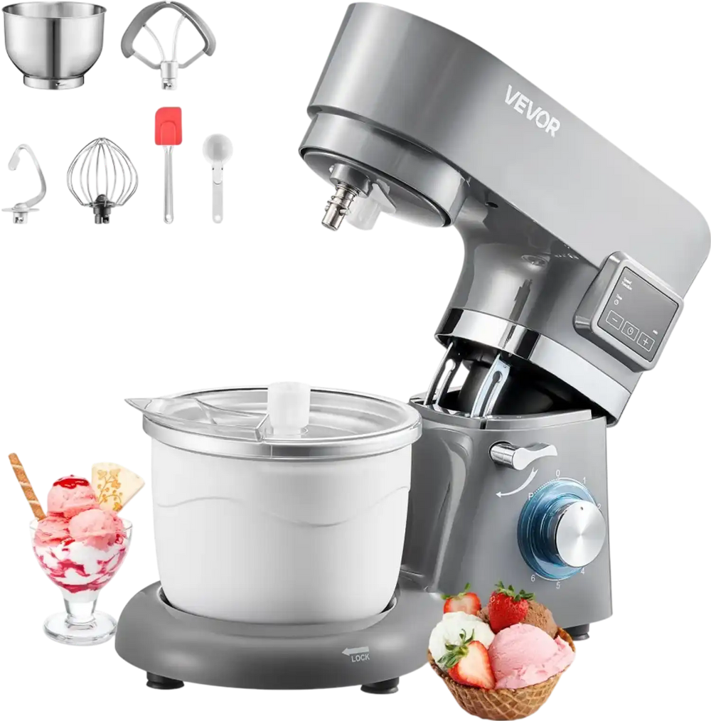 VEVOR Ice Cream Maker, 1.8 Qt. Capacity, 6-Speed Electric Stand Mixer, with LED Digital Display & Timer, Mixing Paddle, Dough Hook, Splash Guard, for Homemade Frozen Yogurt Fruit Sorbet Gelato, Grey