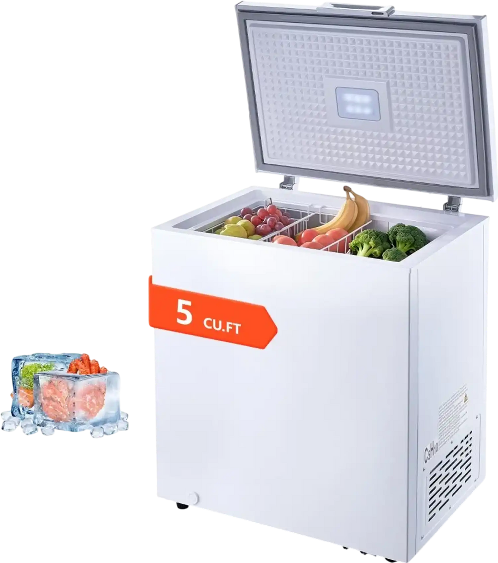 VEVOR Chest Freezer, 5 Cu.ft Compact Deep Freezer, Free Standing Top Open Door Chest Freezers with 2 Removable Baskets & Adjustable Thermostat - Energy Saving, Low Noise & Garage Ready, White