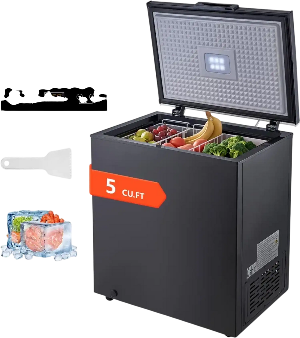 VEVOR Chest Freezer, 5 Cu.ft Compact Deep Freezer, Free Standing Top Open Door Chest Freezers with 2 Removable Baskets & Adjustable Thermostat - Energy Saving, Low Noise & Garage Ready, Black